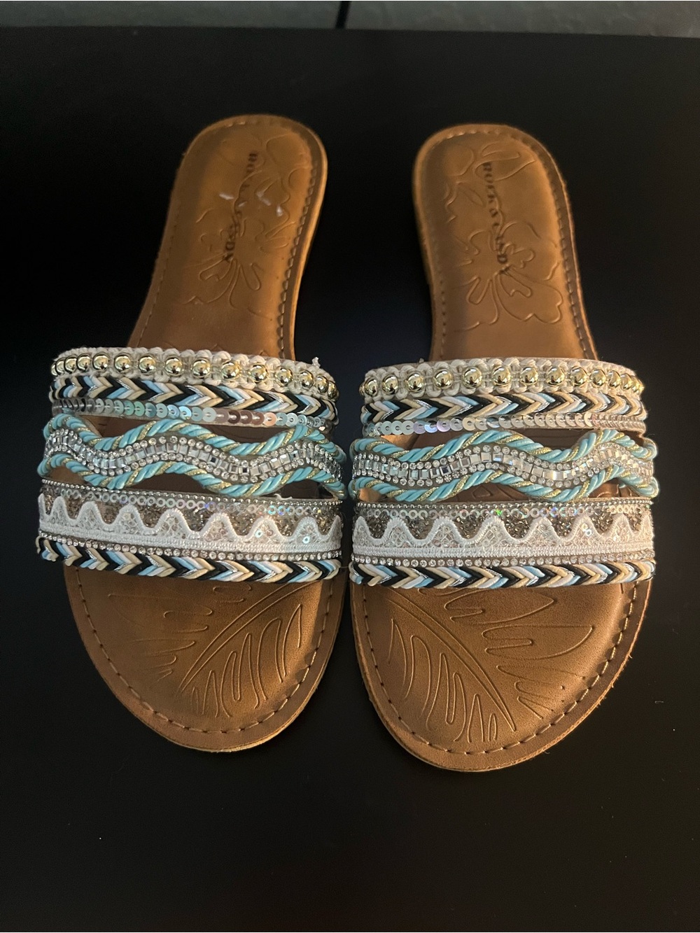 Rock & Candy Beaded Braided Slide Sandals - Tan with Aqua Accent sparkle 8.5